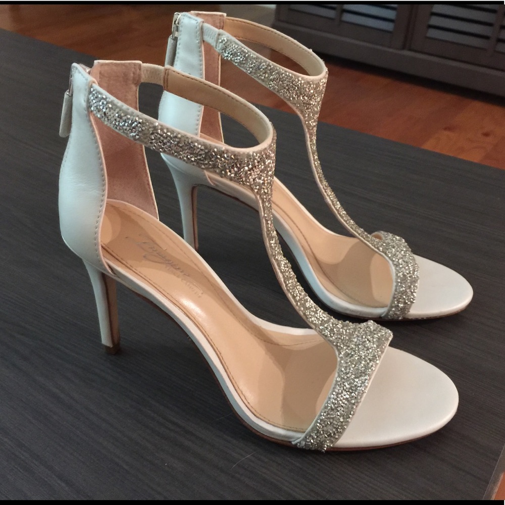 Vince Camuto white and silver t-strap heels